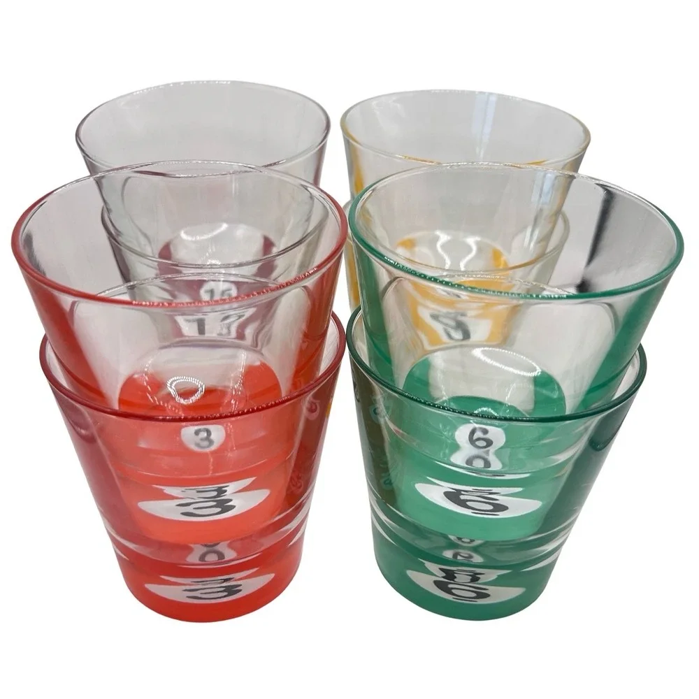 SET OF 8 Luminarc Vintage Billiard Pool Ball Lowball Glasses Barware Cocktail